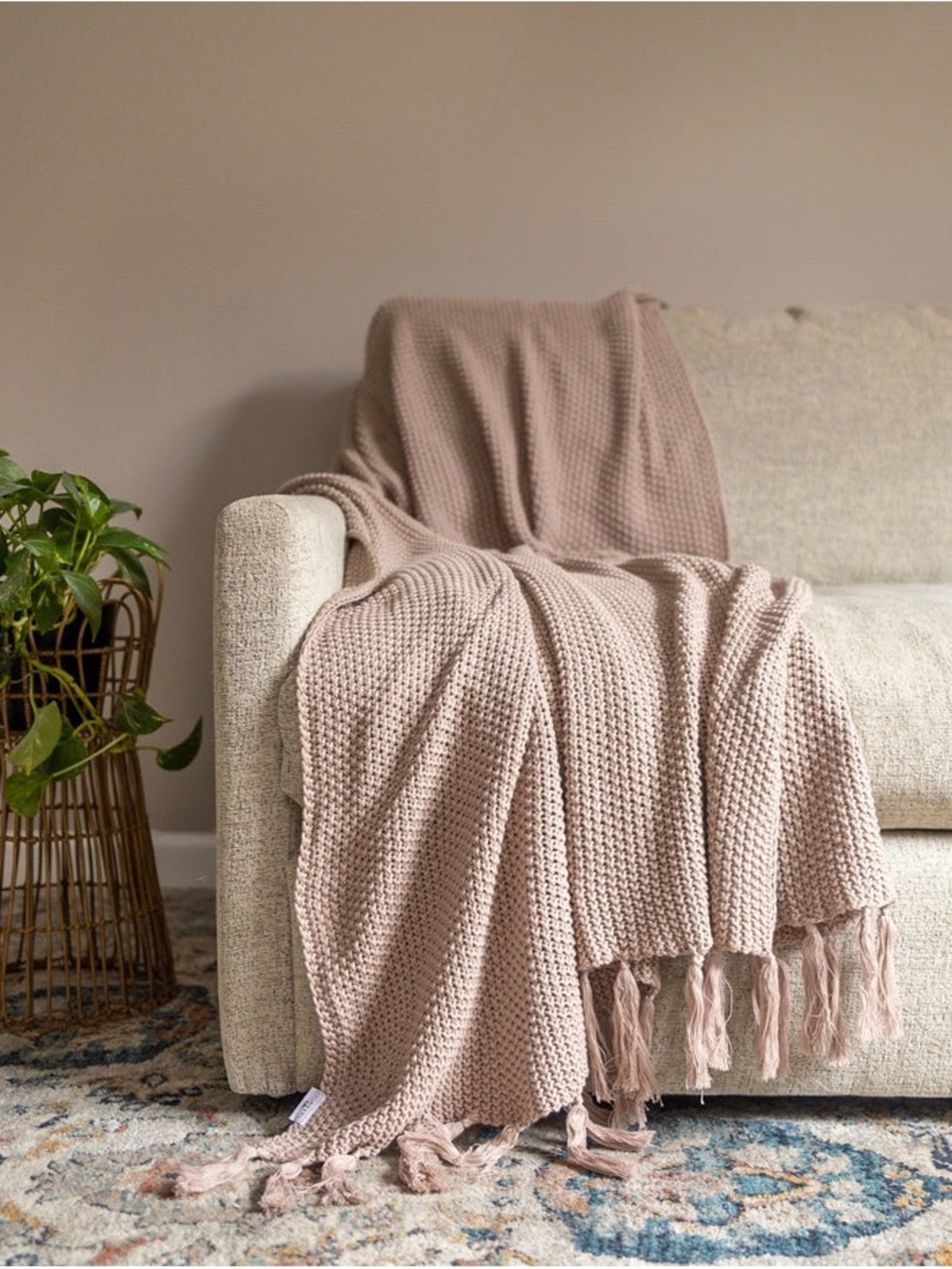 Organic Knit Cotton Throw in Dusty Rose